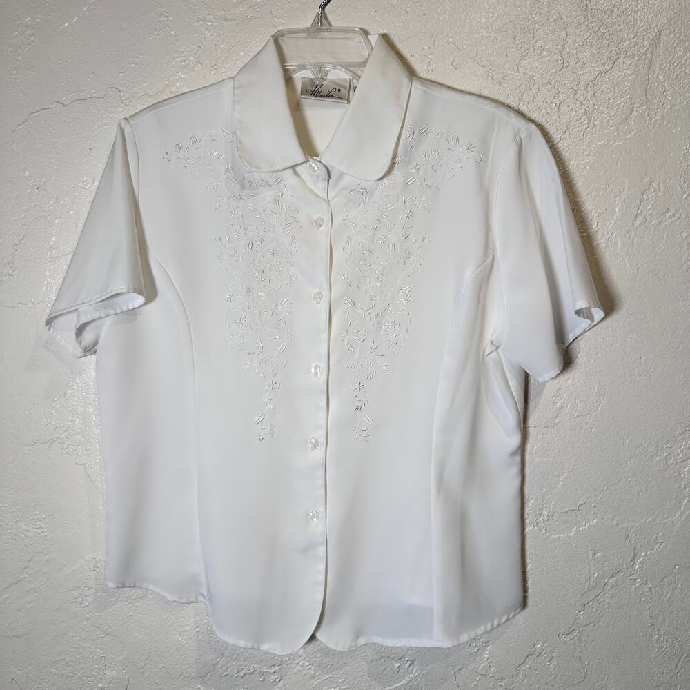 Kathie Lee Blouse 14 Short Sleeve White Embroidered Professional Minimalist Vtg